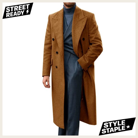 Men's Wool Blend Trench Coat Double Breasted Peacoat Winter Overcoat